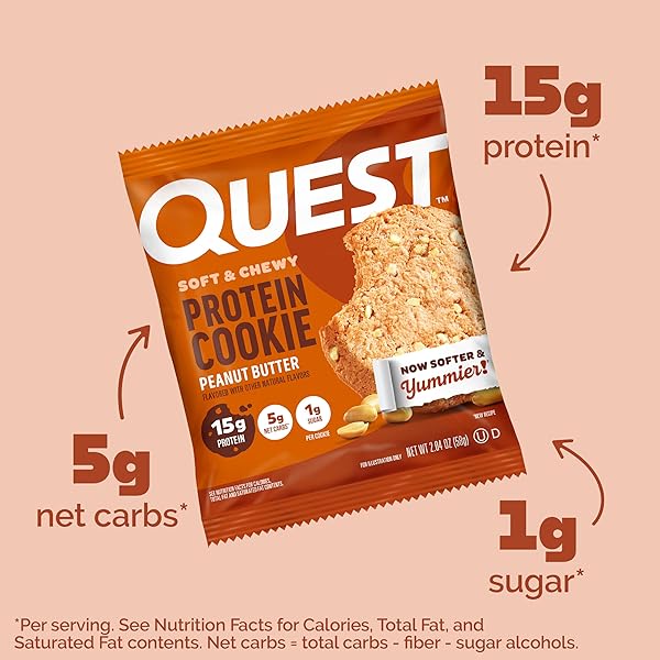 QUEST NUTRITION PEANUT BUTTER PROTEIN COOKIE, 15G PROTEIN, 1G SUGAR, 5G NET CARBS, KETO FRIENDLY, HIGH PROTEIN, LOW CARB; 4 COUNT