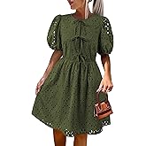 KIRUNDO Eyelet Summer Dresses for Women 2025 Short Sleeve Tie Front Babydoll A Line Wedding Guest Beach Vacation Sundress