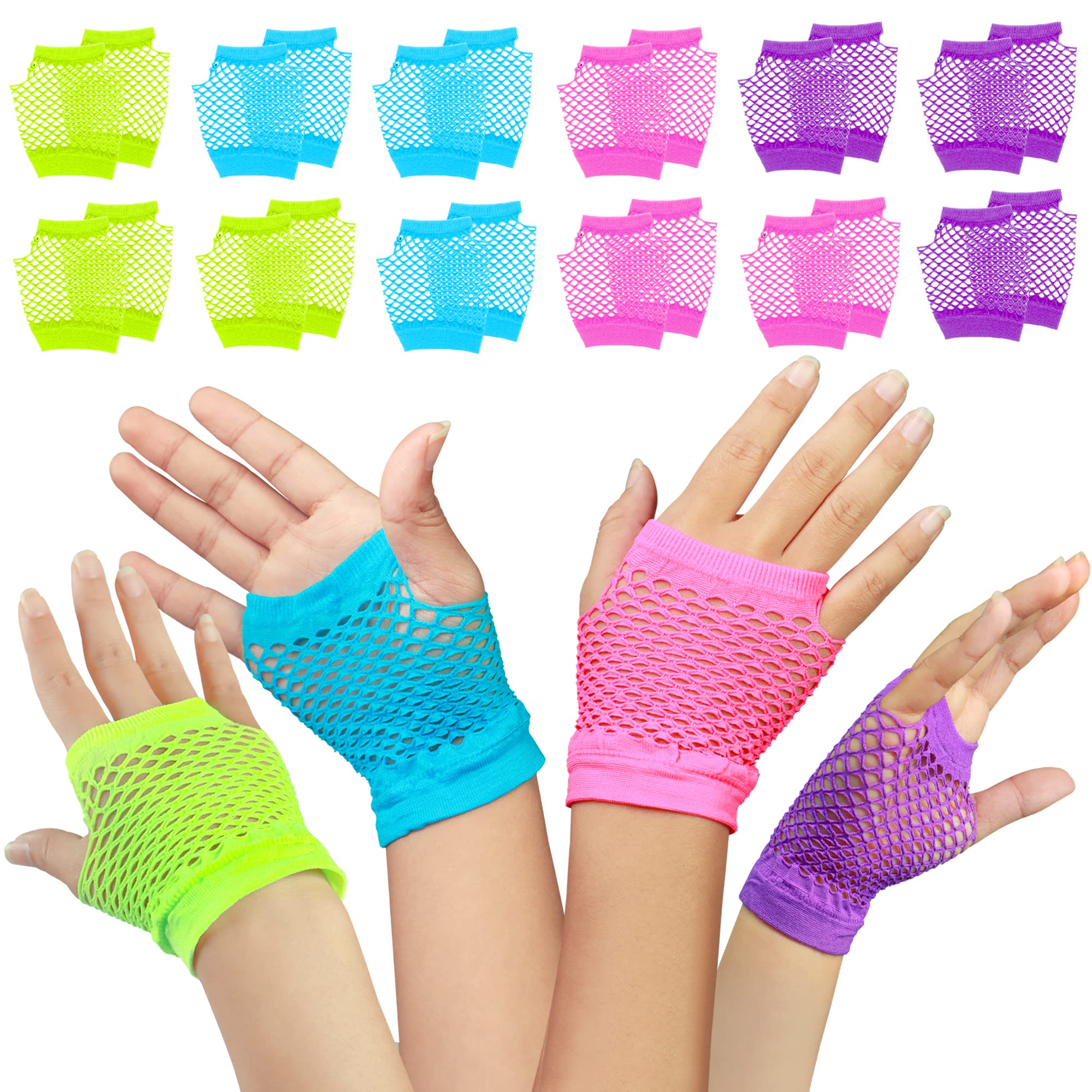 NOVELTY PLACE Neon Gloves Fingerless Diva Fishnet Wrist Gloves Assorted Neon Colors (12 Pairs) Fancy Dress Costume Party Birthday Accessories