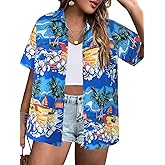 IN'VOLAND Women's Plus Size Hawaiian Shirts Short Sleeve Casual Floral Button Down Shirt Tropical Beach Blouse Summer Top