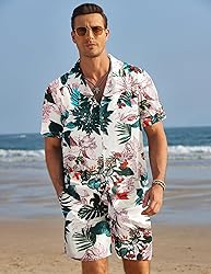 COOFANDY Mens Hawaiian Floral Set Tropical Button