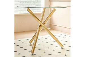 HAIZAO Round Glass Dining Room Table for 2, Modern Tempered Glass Top, Sturdy Chrome Legs, Adjustable Foot Pads, Kitchen Table for Living Room, Dining Room, Tea, Home, 35.5 Inch, Round Gold Base