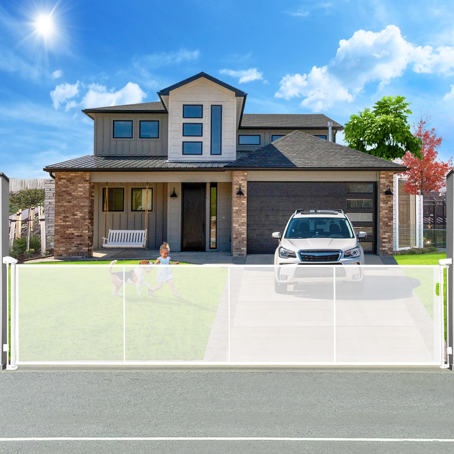 Photo 1 of 160" Retractable Baby Gates Extra Wide Dog Gate, Long Child Safety Gate, 37" Tall Toddler Pet Gate Mesh Gate with Reinforced Strips for Doorways, Stairs, Hallways, Outdoor & Indoor Large Openings