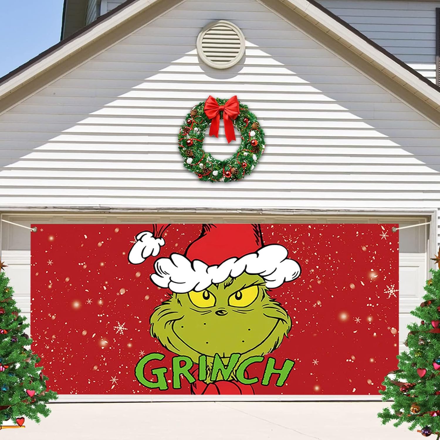 Garage Door Decorations - 6 x 13 ft Christmas Garage Door Decorations, Merry Christmas Garage Banner Green Monster Red Christmas Decorations, Xmas Large Door Cover New Year Winter Holiday Outdoor Christmas Background