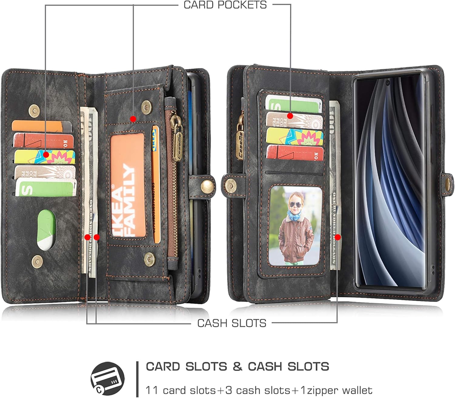 UFinetech 2-in-1 Stylish Samsung Galaxy Note 20 Case Wallet Magnetic Detachable Luxury Leather TPU Card Holder Flip with Lanyard Zipper Carrying Purse Cover for Samsung Galaxy Note 20 5G 2020 Black - Image 3