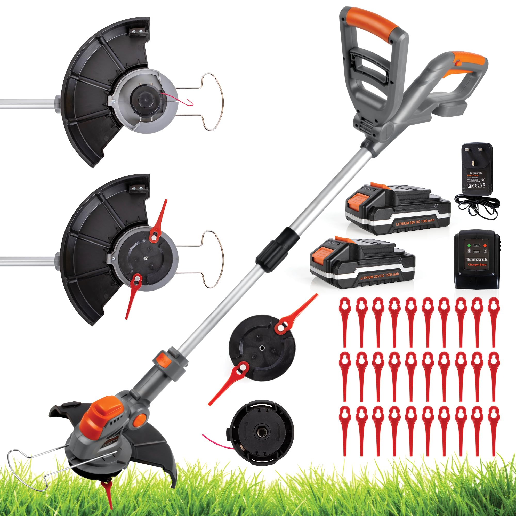 Terratek Cordless Strimmer 2-in-1, 20V 1HR Fast Charge Battery Garden Strimmer, Lightweight Grass Cutter Machine 32x Blades, 1x Nylon Spool, Cordless Grass Trimmer with 2x Batteries & Charger Included