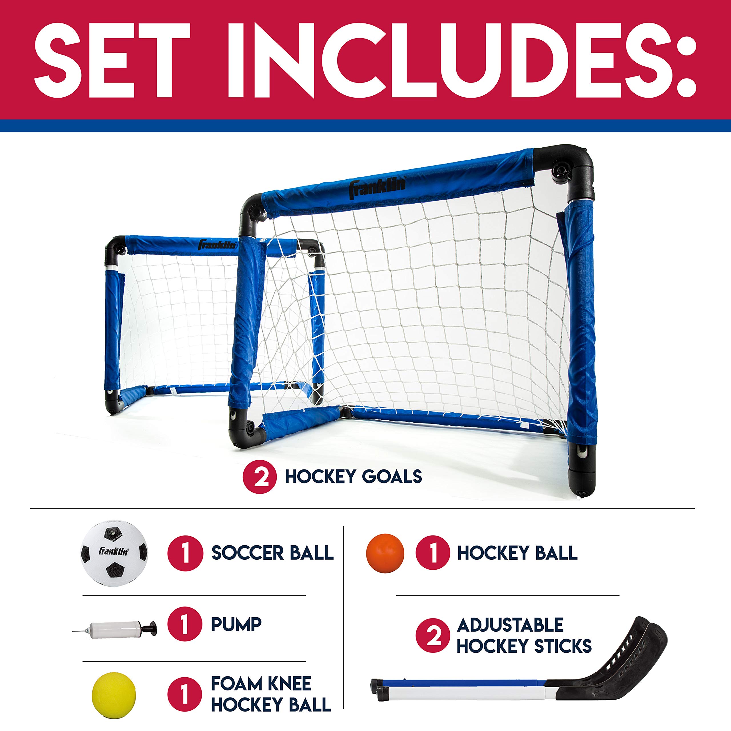 Franklin Sports Indoor Mini Goal Sports Set - 3 in 1 Kids Indoor Goal Set - Indoor Mini Floor Hockey, Knee Hockey, and Mini Soccer Set for Kids, Blue, 22 x 17.5-Inch
