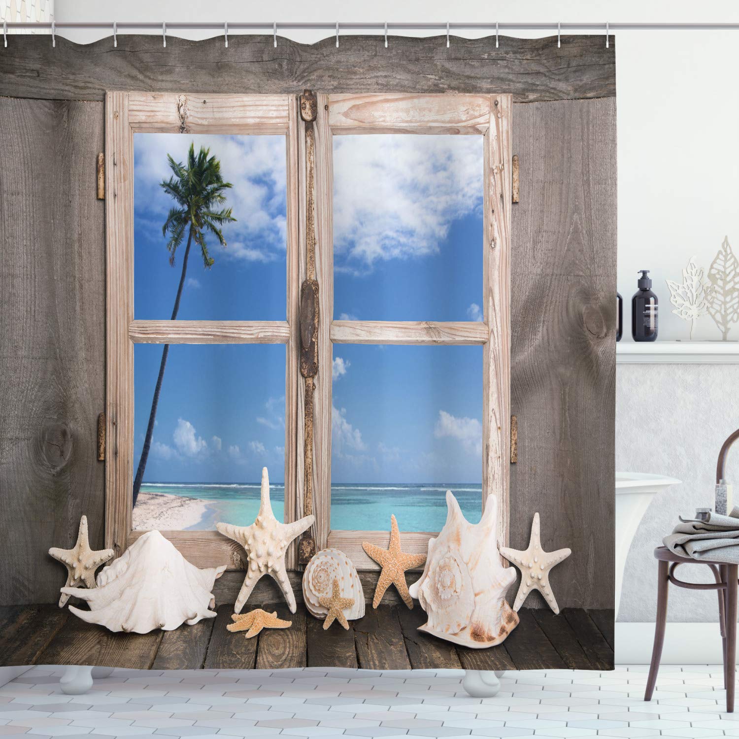 ABAKUHAUS Beach Shower Curtain, Summer Holiday with Seashells Starfish and Palm Tree Ocean Print, Cloth Fabric Bathroom Decor Set with Hooks, 94 Inches, Pale Brown Sky Blue
