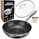 MUGAA Woks & Stir-Fry Pans Nonstick 11" Stainless Steel Wok Pan with Lid | Tri-Ply Honeycomb Hybrid Stir Fry Pan | Induction & Oven Safe | Dishwasher Safe