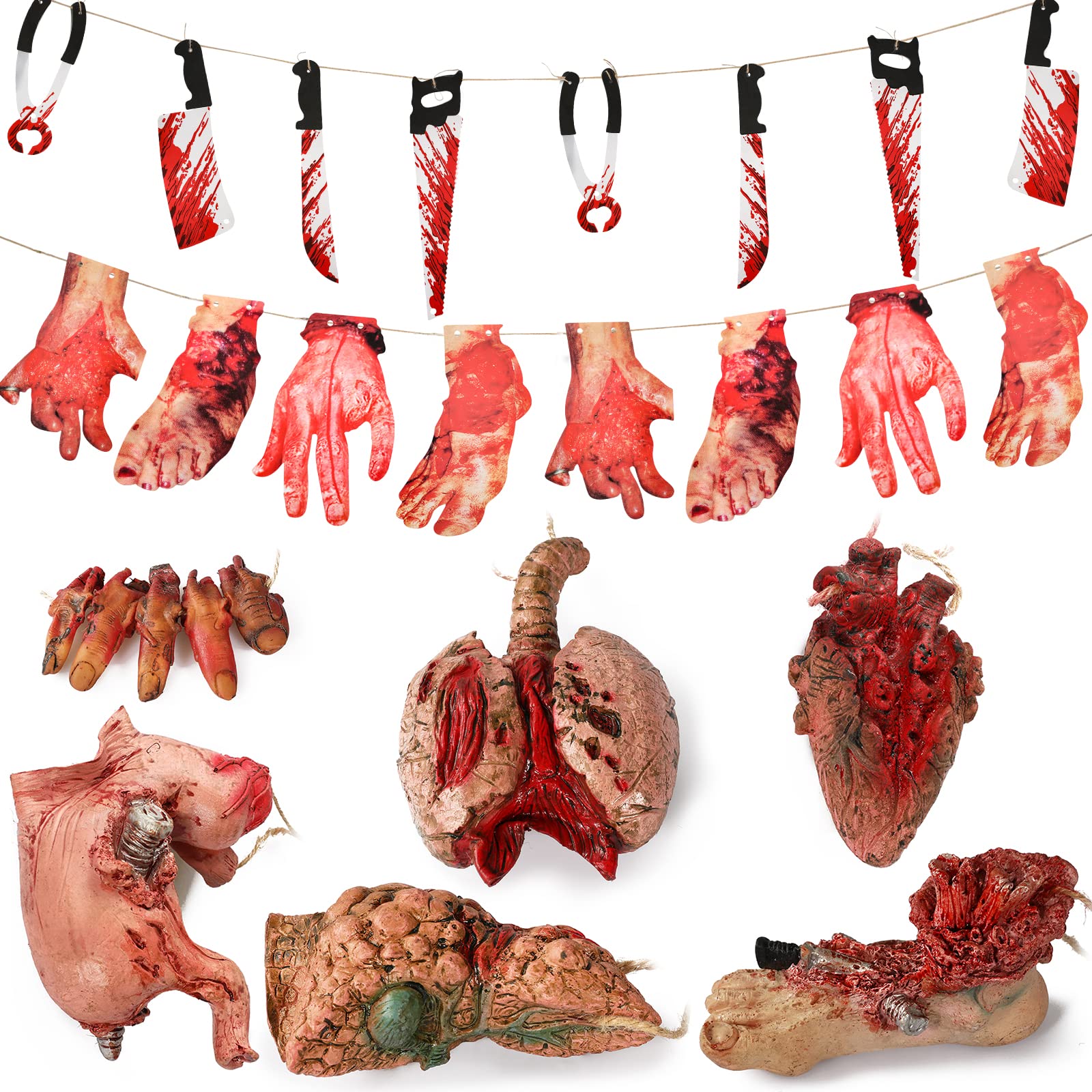 Photo 1 of Halloween Blood Props Fake Scary Severed Hand Broken Body Parts for Haunted House Halloween Vampire Zombie Party Decorations Supplies (6pcs Body Parts)