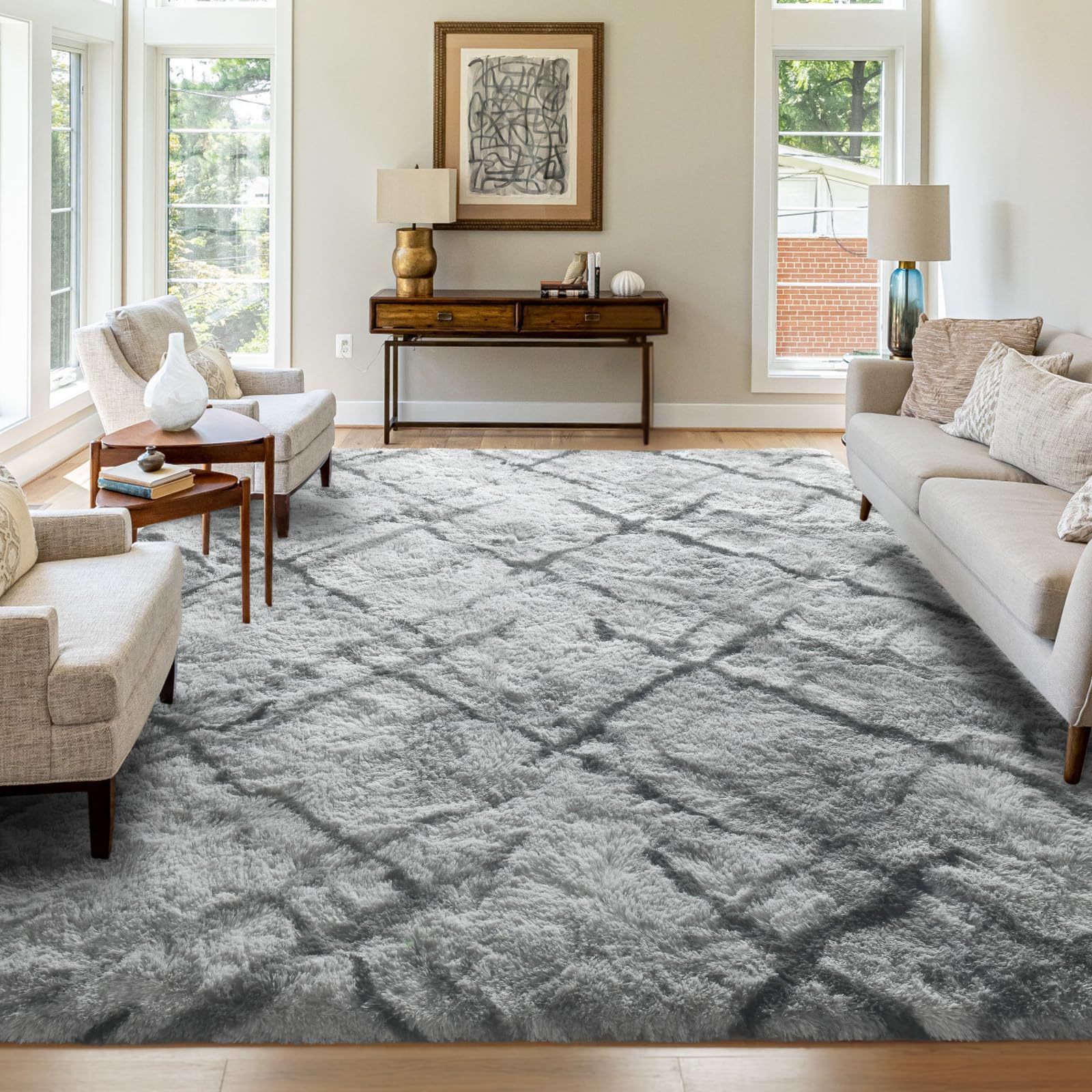 FinRèc Area Rugs for Living Room Bedroom, 6x9 Feet Fluffy Shaggy Rug, Non-Slip Soft Shag Rug for Nursery Kids Room Dorm Room Home Decor, Indoor Plush Floor Carpet Black and Grey Image