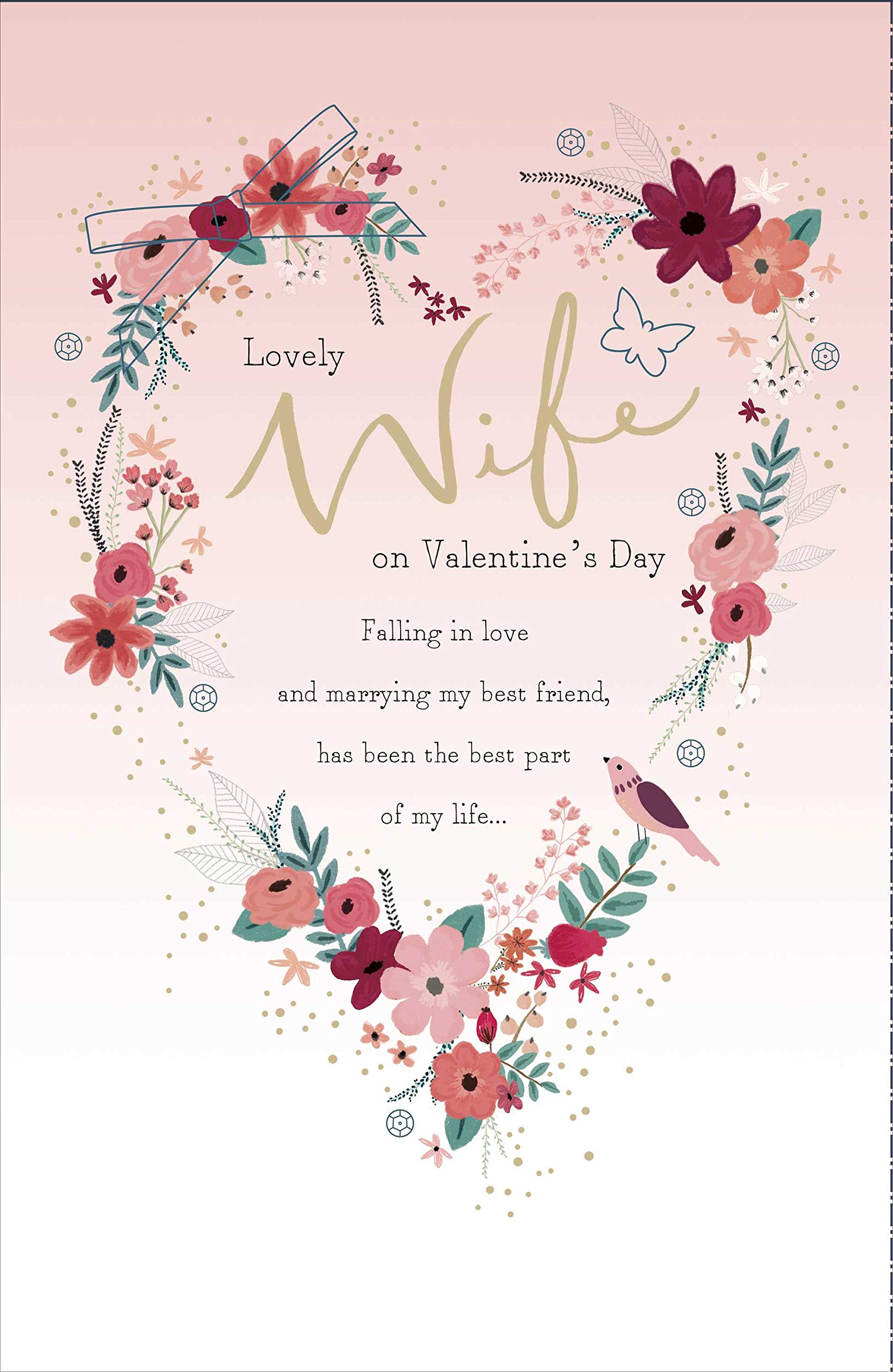 uk greetings Wife Valentines Day Card With Envelope - Floral Heart Design