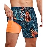 Gleeease 5inch Mens Swim Trunks: 2 in 1 with Compression Liner Pockets Drawstring Stretch Quick Dry Lined Funny Beach Pool