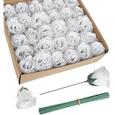 ICBOX Artificial Roses,30PCS White Roses Glitter Roses Artificial Flowers for Crafts Wedding Bouquet Home Decoration(White with Silver Glitter)