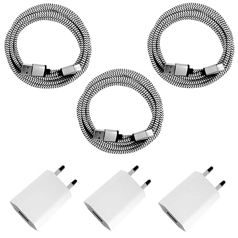 [i!®] 3X USB Netzteil 5V/1A + 3X 1m Premium Nylon USB-C Ladekabel Datenkabel Ladegerät Set für alle USB C Geräte | Smartphone Handy Tablet Samsung Galaxy S9 S8 Plus | Silber weiß