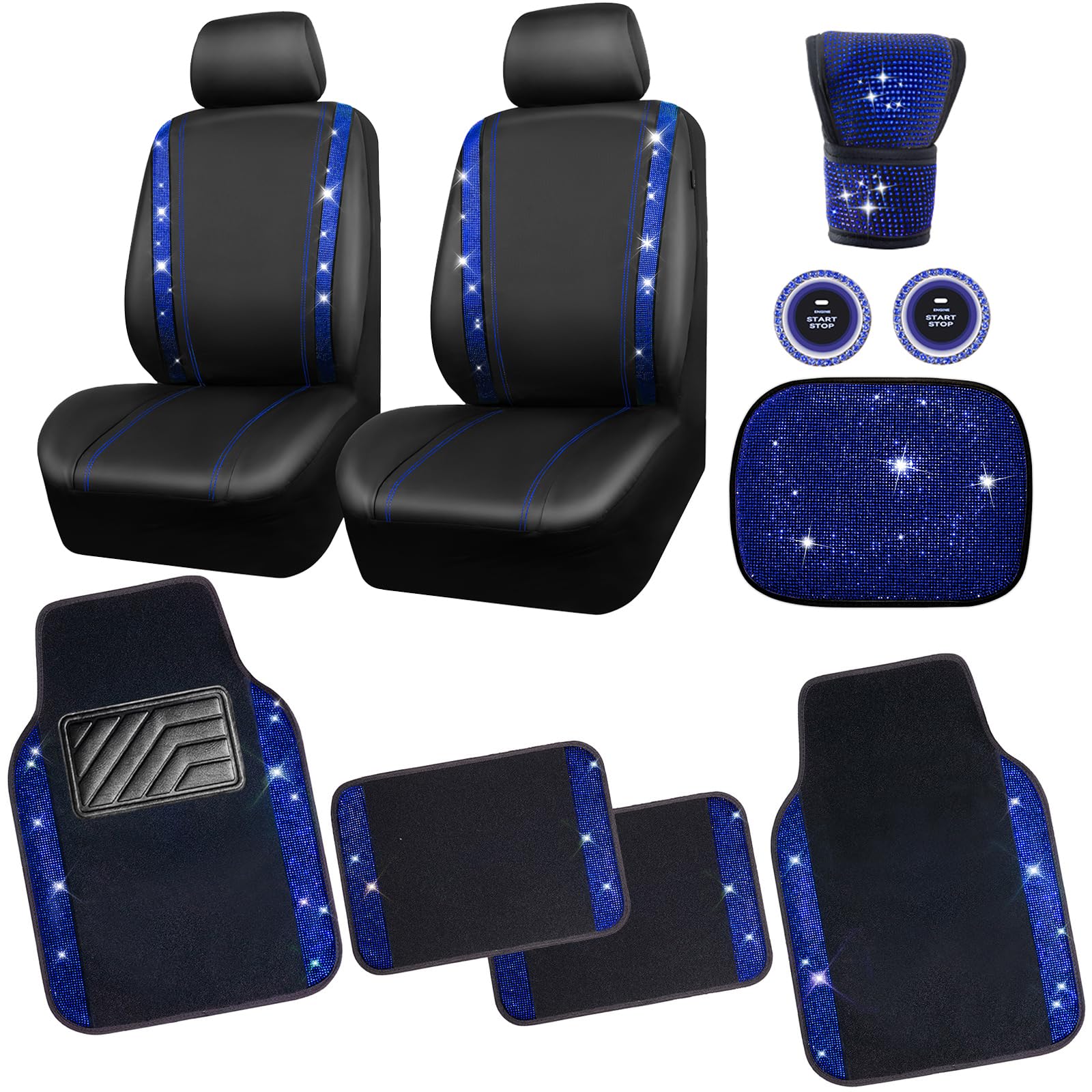 Photo 1 of CAR PASS Bling Car Seat Covers Blue Rhinestone Black Leather Shining Diamond Car Floor Mats Carpet with Anti-Slip Nibs Shining Car Accessories Sets Glitter Sparkly Crystal Universal Fit for Girl Women