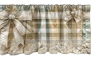 Ambesonne Cottagecore Window Valance Pack of 2, Beige Tone Bows on Buffalo Plaid Pattern with Farmhouse Floral Print, Rod Pocket Curtain Valances Kitchen Bedroom, 54" X 18",Ecru Seafoam Eggshell