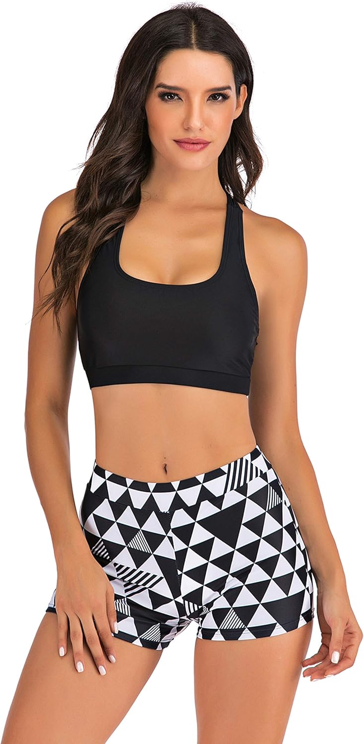 Women's Two Piece Racerback Top Swimwear with Boyshort Bathing Suit Set