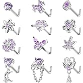 Sanfenly 12 PCS 20G Nose Rings Surgical Stainless Steel, L Shaped Nose Studs for Women Men, CZ Heart Butterfly Flower Leaf Moon Dangle Cute Nose Piercings Studs Screw Jewelry Pink/Purple/Blue/Clear