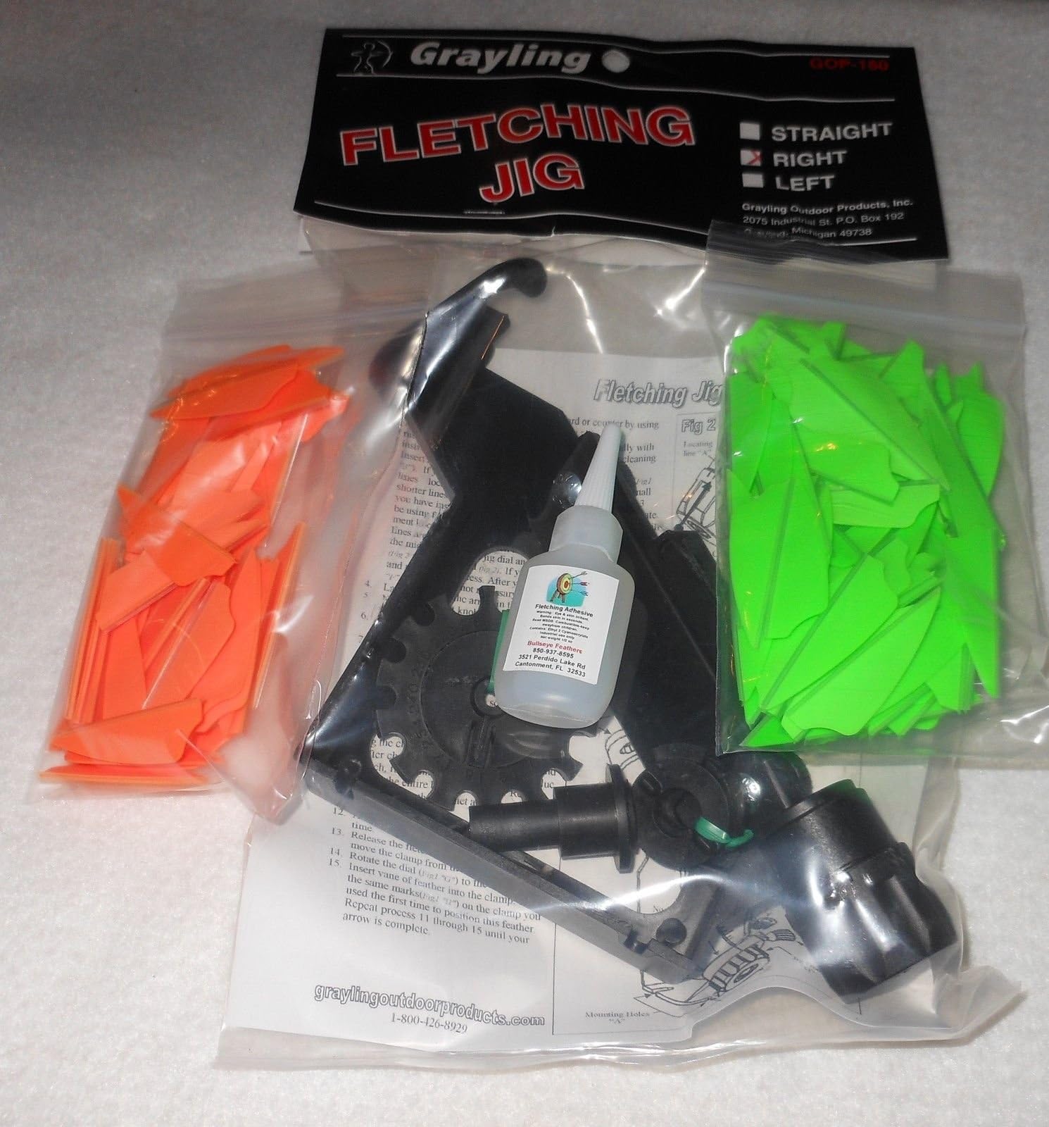 Grayling Fletching Jig Kit with Right Clamp Fusion Vanes Bullseye Glue