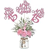 12 PCS Mis 15 Centerpiece Sticks Glitter Happy 15th Birthday Centerpieces Mis Quince 15 Fabulous Floral Decorations for Cheers to 15 Years Birthday Anniversary Party Table Centerpieces Supplies Pink