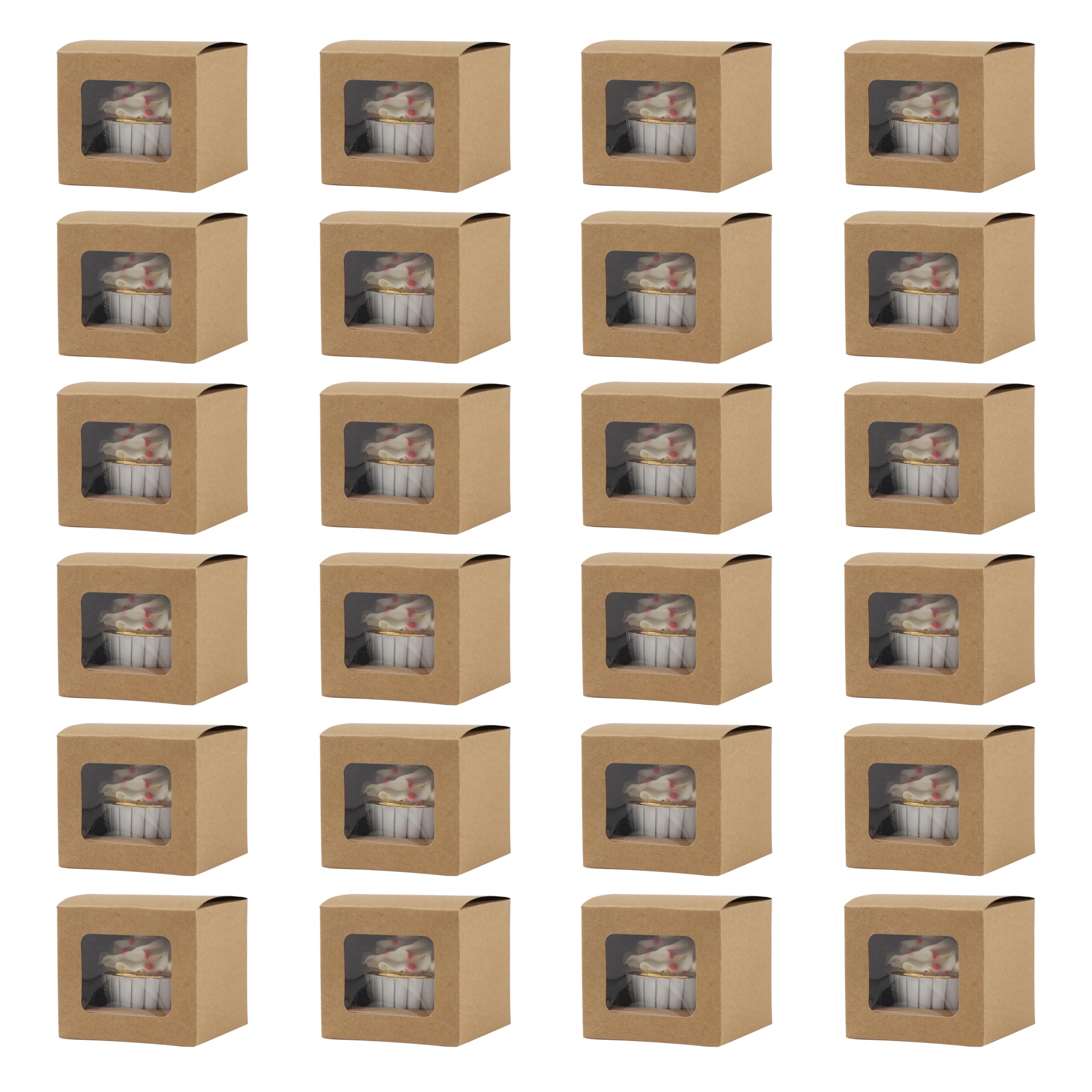 Komonee 24 x Cupcake Boxes Individual Kraft Brown Single Fairy Cup Cake With Clear Window Cardboard Packaging Box Baking Kids Muffins Cookies Brownies Christmas Bake Weddings