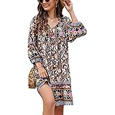 Bluetime Women Casual Summer Dress Boho V Neck 3/4 Sleeve Babydoll Floral Print Flowy Beach Dress