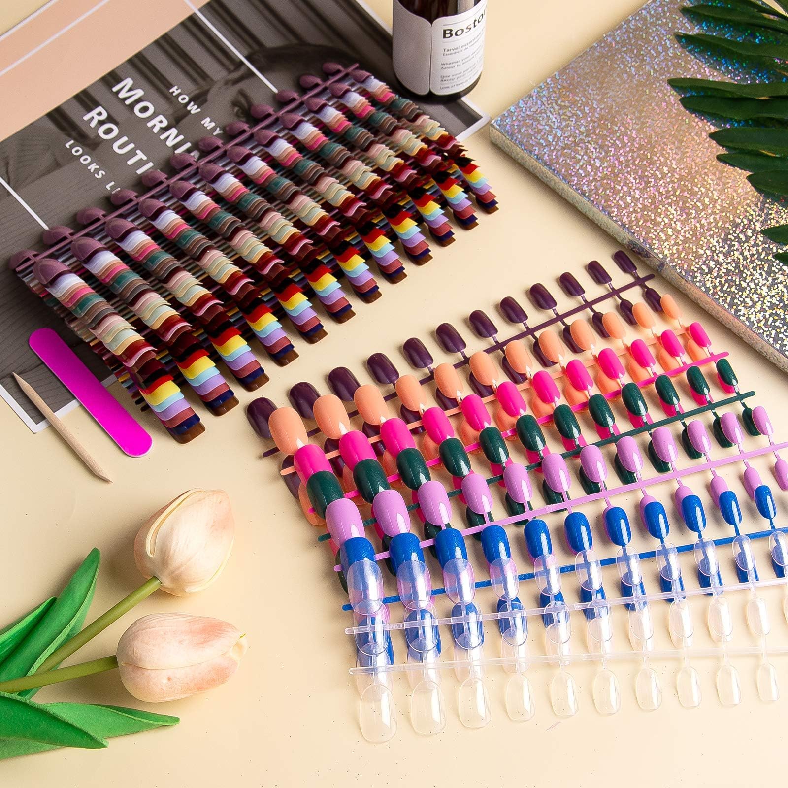 EBANKU 960pcs Short Colorful False Nails for Women Oval Press on Nails Glossy Acrylic Full Cover Artificial Fake Nail Tips with Nail File Nail Stick - Image 7