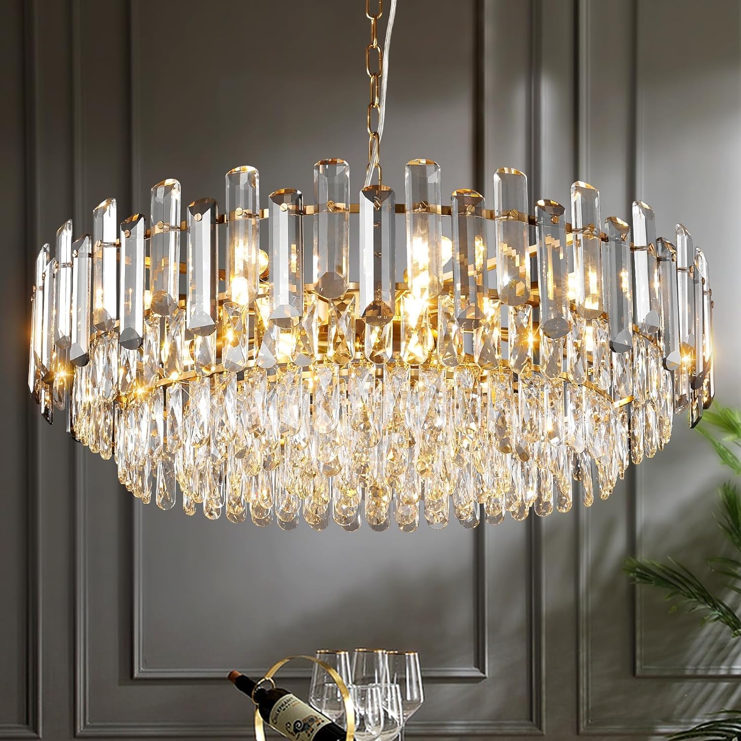 Photo 1 of XIAOQIWU Gold Crystal Chandelier 31.5" Modern Crystal Chandelier Lighting 3-Tier Crystals Chandelier 12-Light Luxury Crystal Pendant Light Large for Dinning Room Living Room Foyer