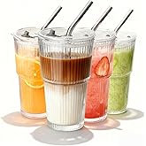 4 Packs Ribbed Glass Tumbler with Lid and Straw 16 oz Vintage Ice Coffee Cup Set Bulk Simple Modern for Smoothie Juice Matcha Tea Water Slushie Home Clear Hot Drink Glasses Boba Kitchen Glassware