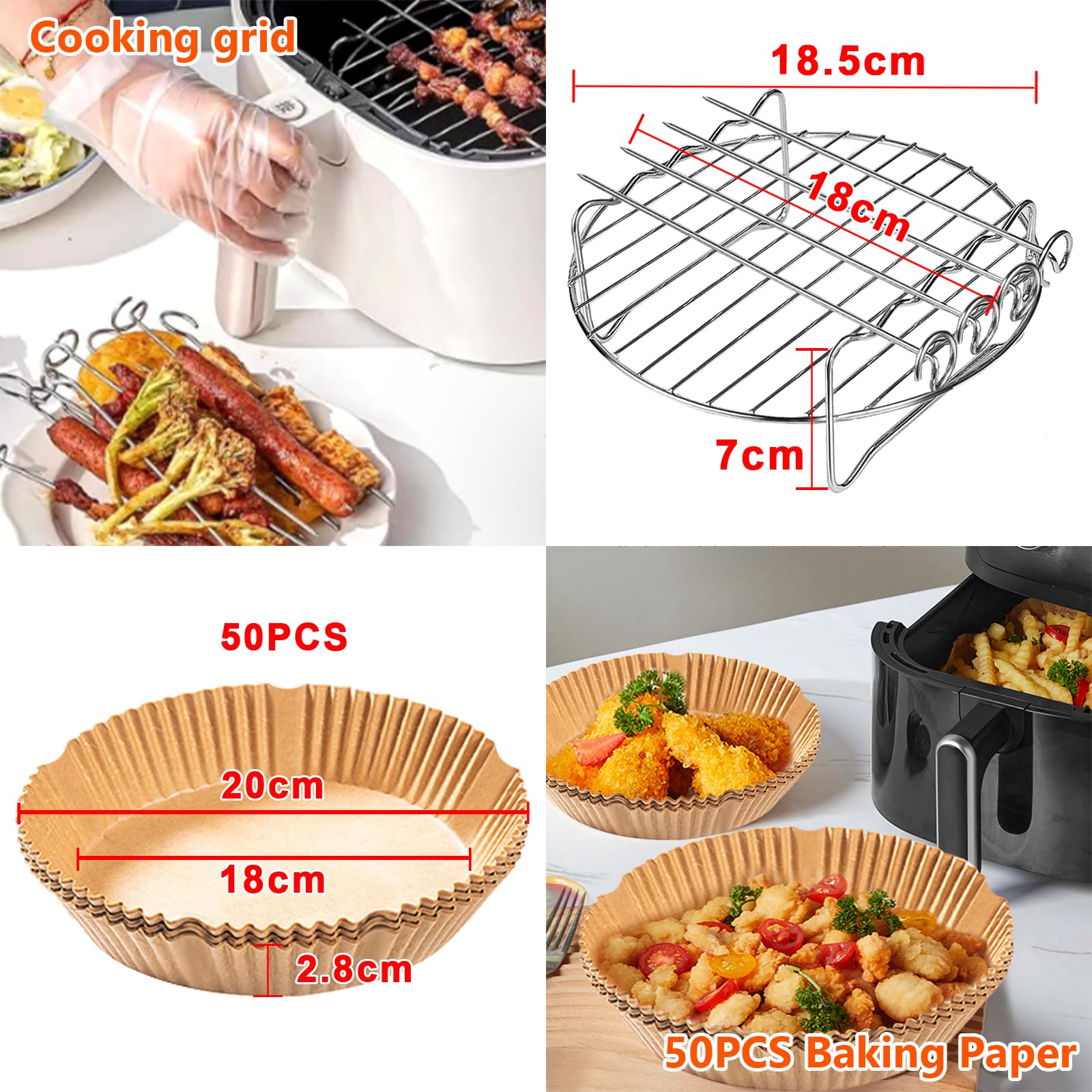 4PCS 19CM Heißluftfritteuse Zubehör - Airfryer Zubehör für Russell Hobbs 4L, Philips 2000-Serie 4,2L (NA229/00), Ninja 5,2L AF160EU, COSORI 3.8L, Grillrost Pizzapfanne Backpapier Silikonform 4