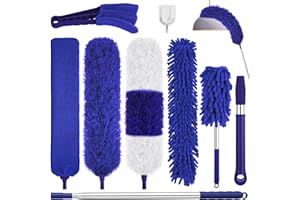 WLICH Dusters for Cleaning,9Pcs Feather Duster with Extension Pole Up to 100'',Extendable Bendable Washable Long Feather Duster for Cleaning Ceiling Chandelier,High Ceiling,Furniture(Blue)