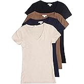 4 Pack Zenana Womens Basic V-Neck T-Shirts Med Black, Navy, Mocha, H Beige