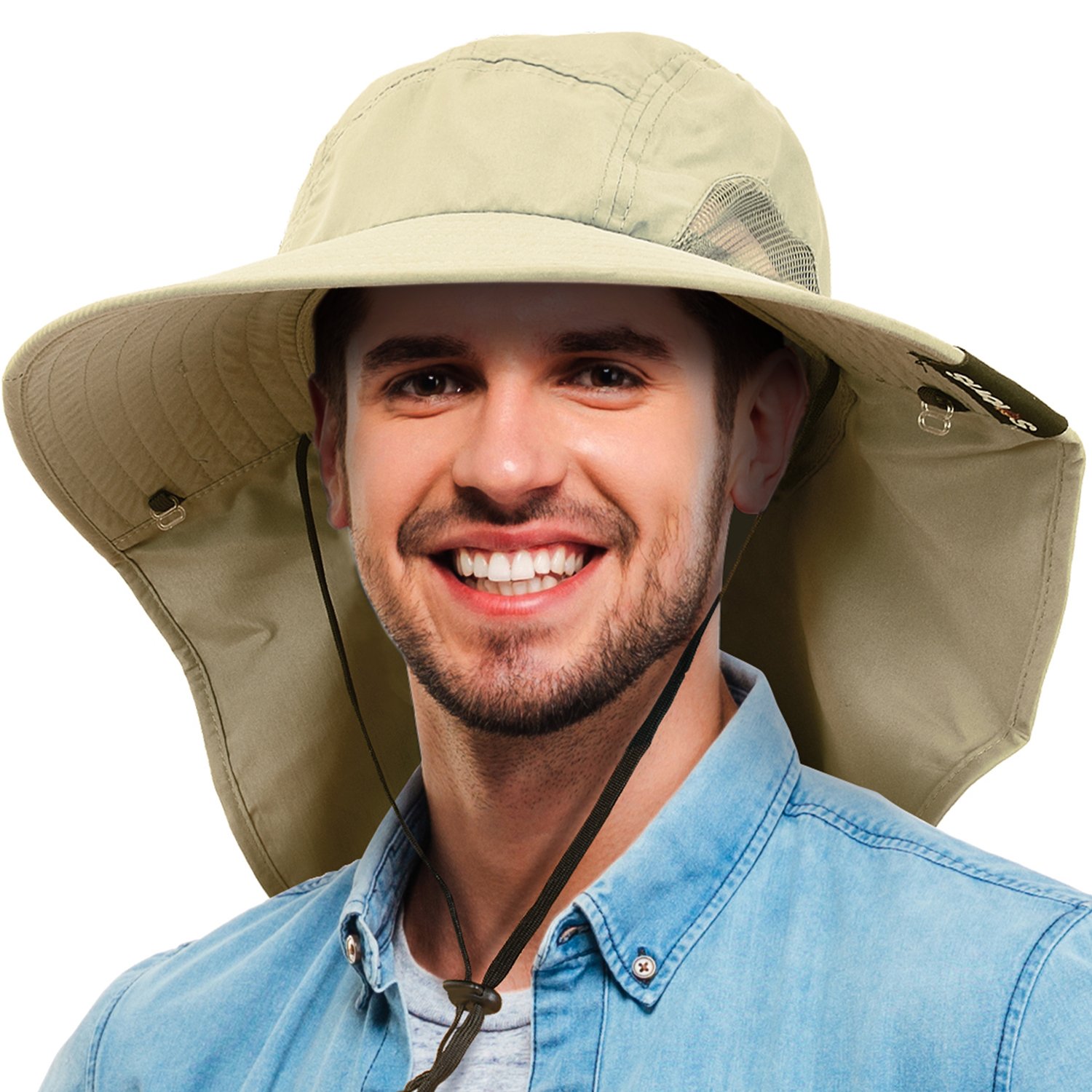 Tirrinia Mens Wide Brim Sun Hat with Neck Flap Fishing Safari Cap for