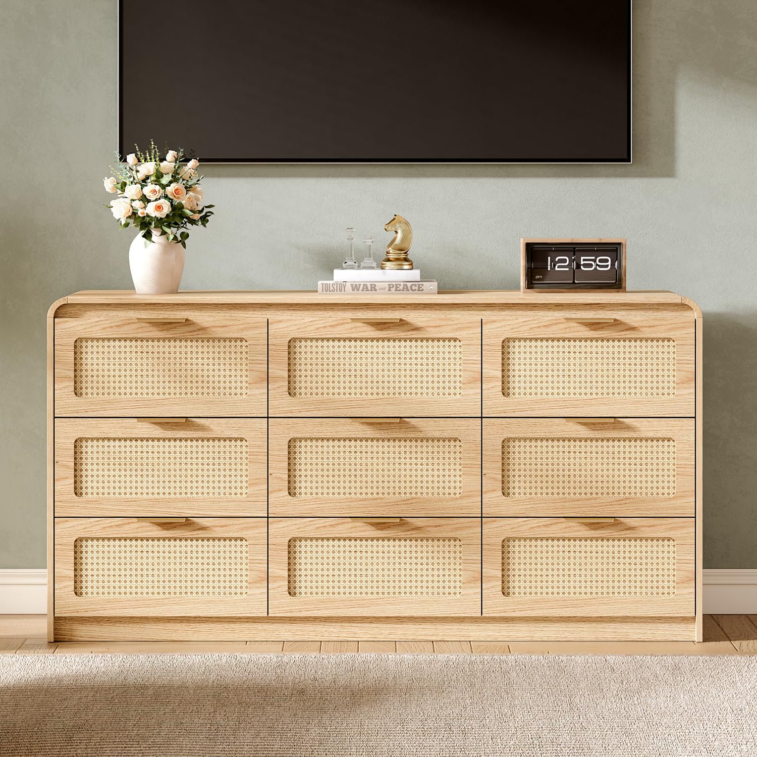Photo 1 of (4/17/2026 ***FINAL SALE/NO RETURN, SOLD AS PARTS***)
Ieejdn Mid Century Modern Dresser,Rattan 9 Drawers Dresser for Bedroom, 59" Wide Wood Dressers & Chests of Drawers/Curved Profile Design, Natural Texture for Bedroom, Living Room, Warm Wood1