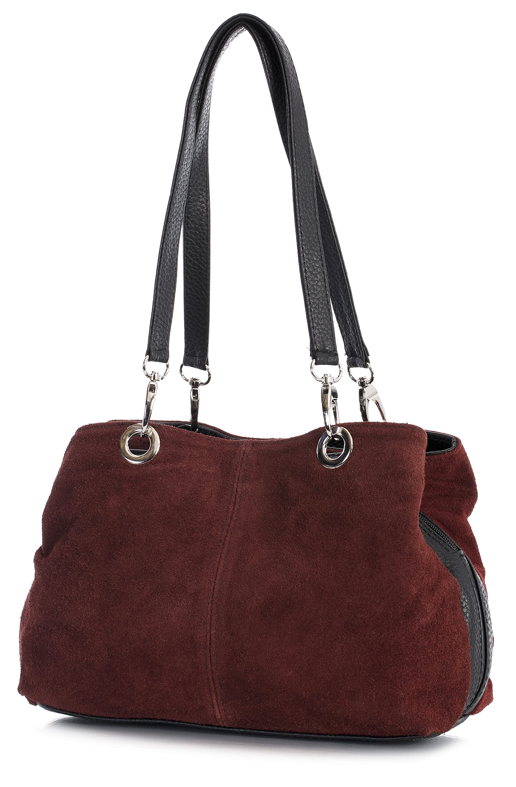 LiaTalia - Lush Italian Suede Womens Twin Handle Multi Zip Pockets Small Shoulder Bag - Holly (Burgundy)