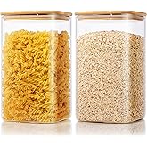 Extra Large Square Glass Flour & Sugar Storage Containers with Airtight Lids, 168oz 2 Pack Glass Jars with Bamboo Lids, Air tight Pantry Food Storage Containers for Cereal, Pasta, Rice Organizers