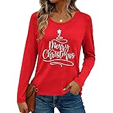 FCGHSII Merry Christmas Shirts for Women: Christmas Tree Long Sleeve Xmas Blouse Tops