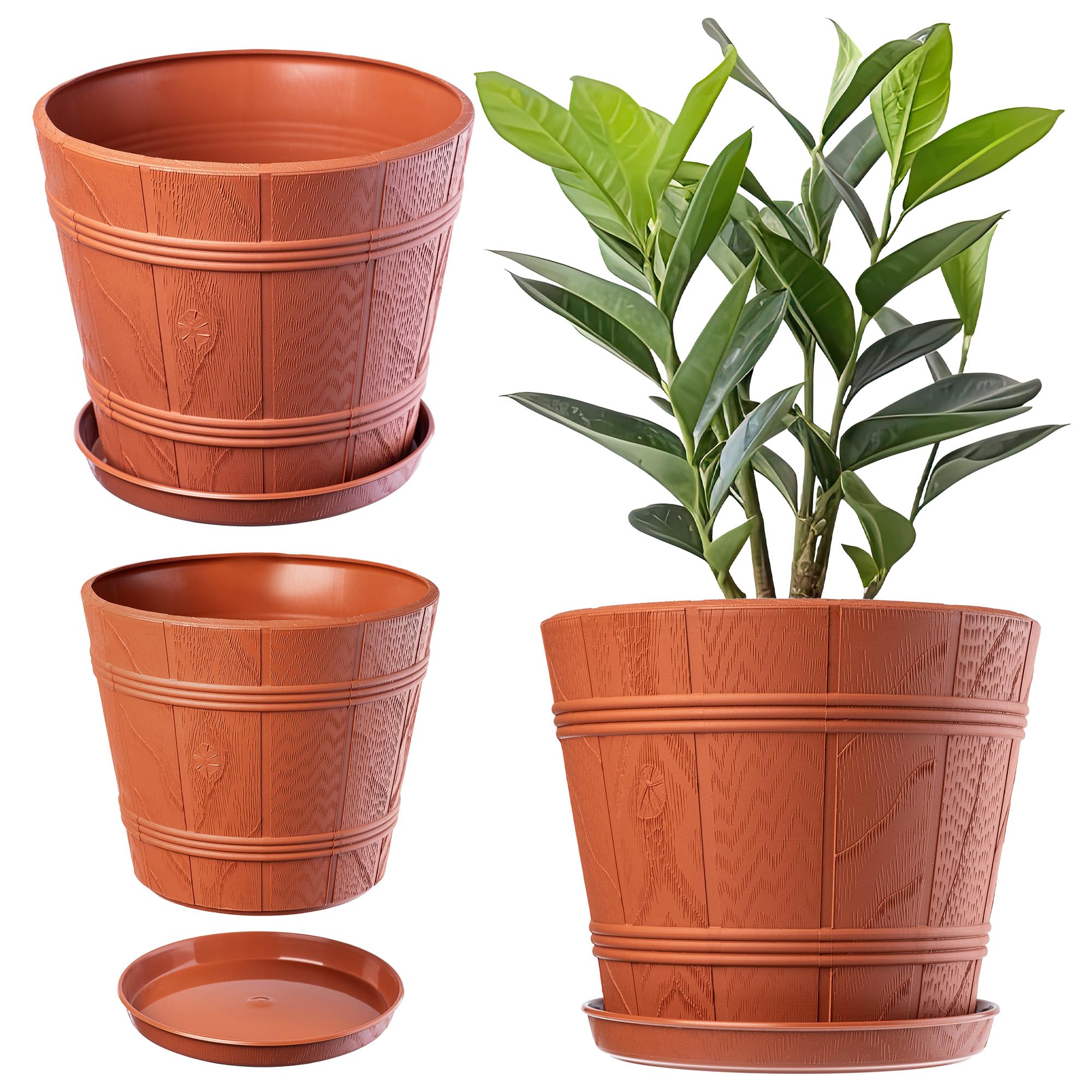 KADAX Barrel Planter, Plastic Plant Pot with Saucer for Indoor and Outdoor Use, Weatherproof Rustic Flowerpot for Balcony (⌀ 17 cm, Terracotta)