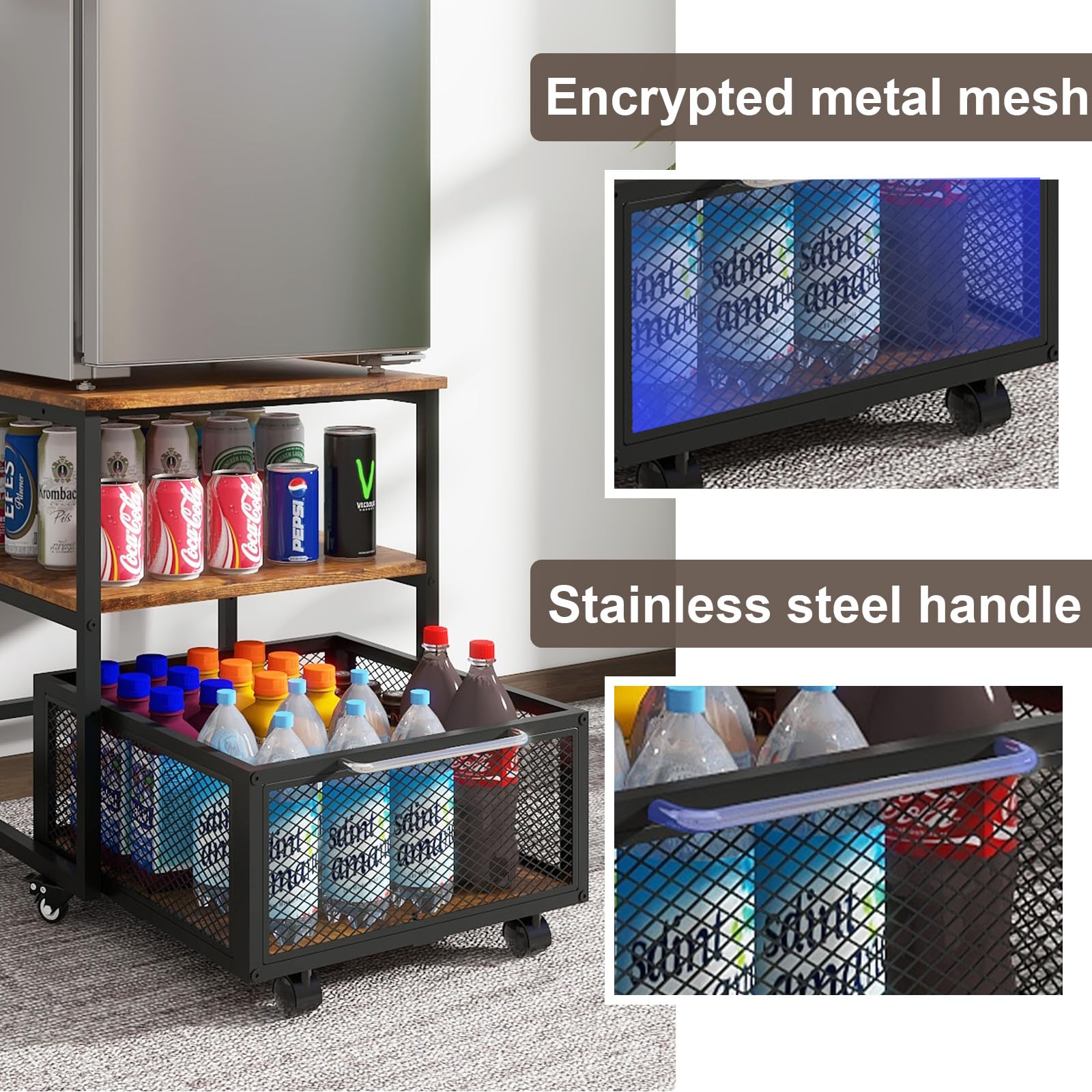 PUNCIA 19.7x19.7in Mini Fridge Stand with Storage and Wheels Heavy Duty Mini Fridge with Adjustable Shelf Table Beverage Refrigerator Stand for Coffee Bar Fridge Cart for Office Home Dorm Apartment