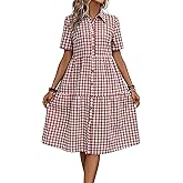 ebossy Women's Retro Plaid Shirt Dress Elegant Lapel Button Up Swing A line Flowy Gingham Mid Tunic Dress