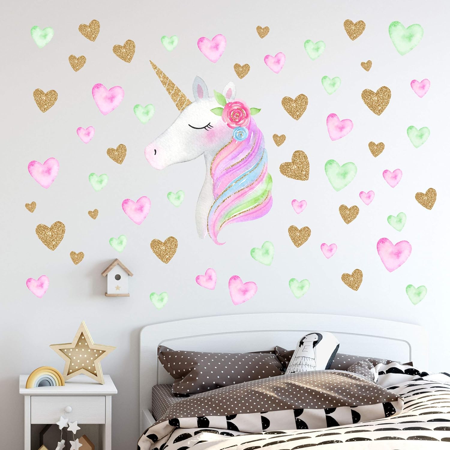 Unicorn Wall Decals,Unicorn Wall Sticker Decor with Heart Flower Birthday Christmas Gifts for Boys Girls Kids Bedroom Decor Nursery Room Home Decor-Unicorn: Baby