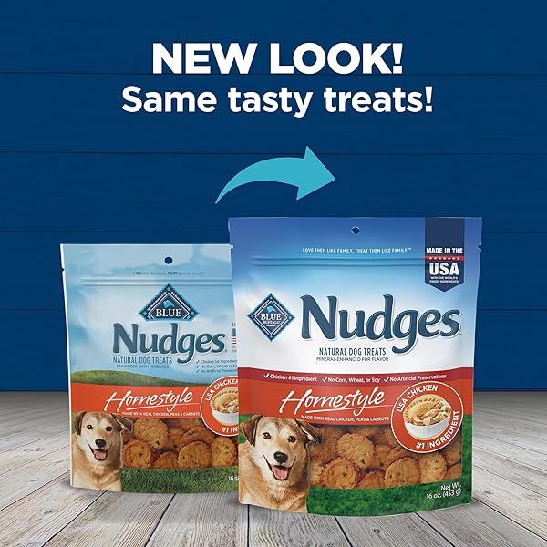 BLUE BUFFALO NUDGES HOMESTYLE NATURAL DOG TREATS, MADE IN THE USA WITH REAL CHICKEN, PEAS, AND CARROTS, 16-OZ. BAG