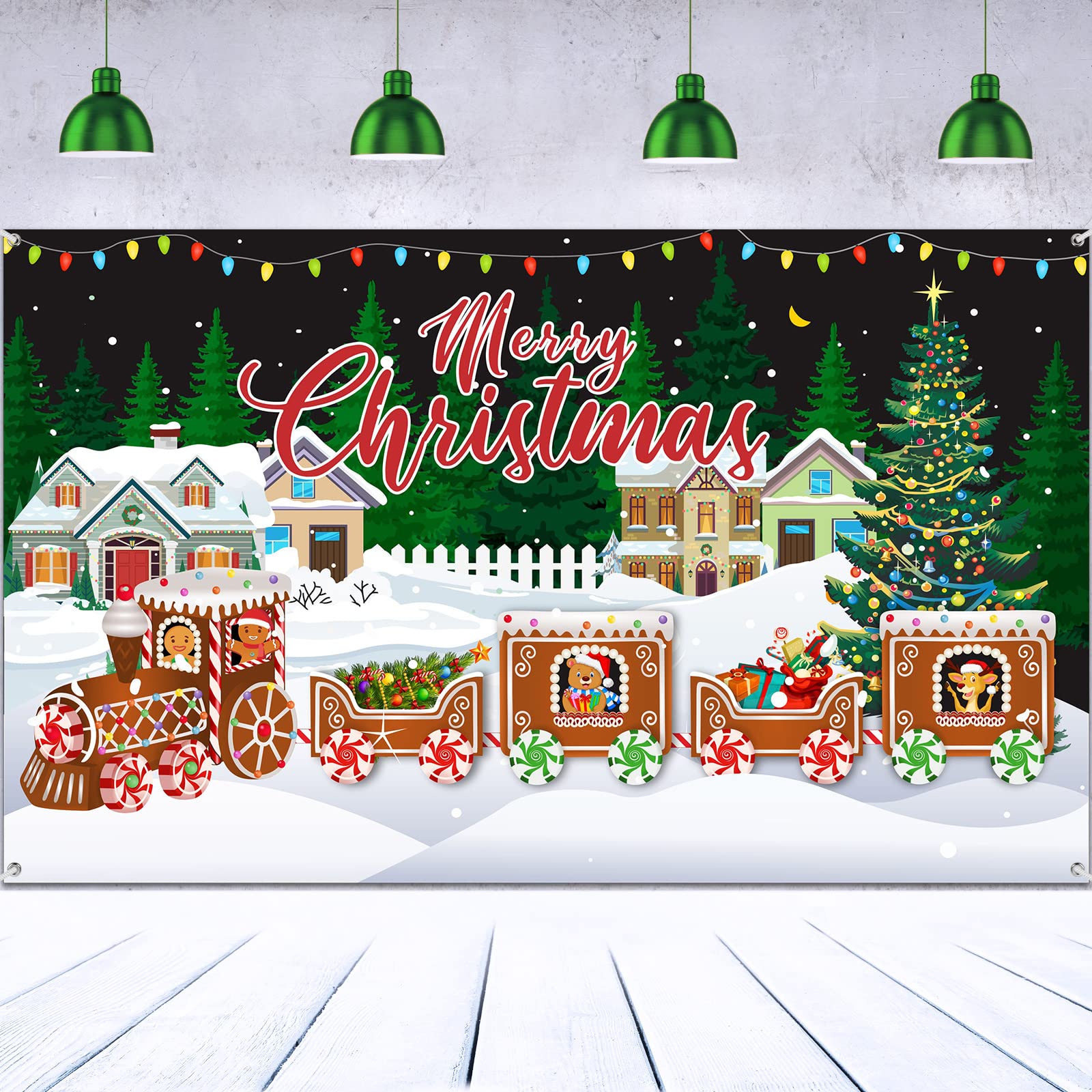 Merry Christmas Banner Decorations Extra Large Fabric Xmas Backdrop Supplies New Year Party Decorations Supplies Christmas Train Photo Booth Backdrop Background Banner for Party Supplies