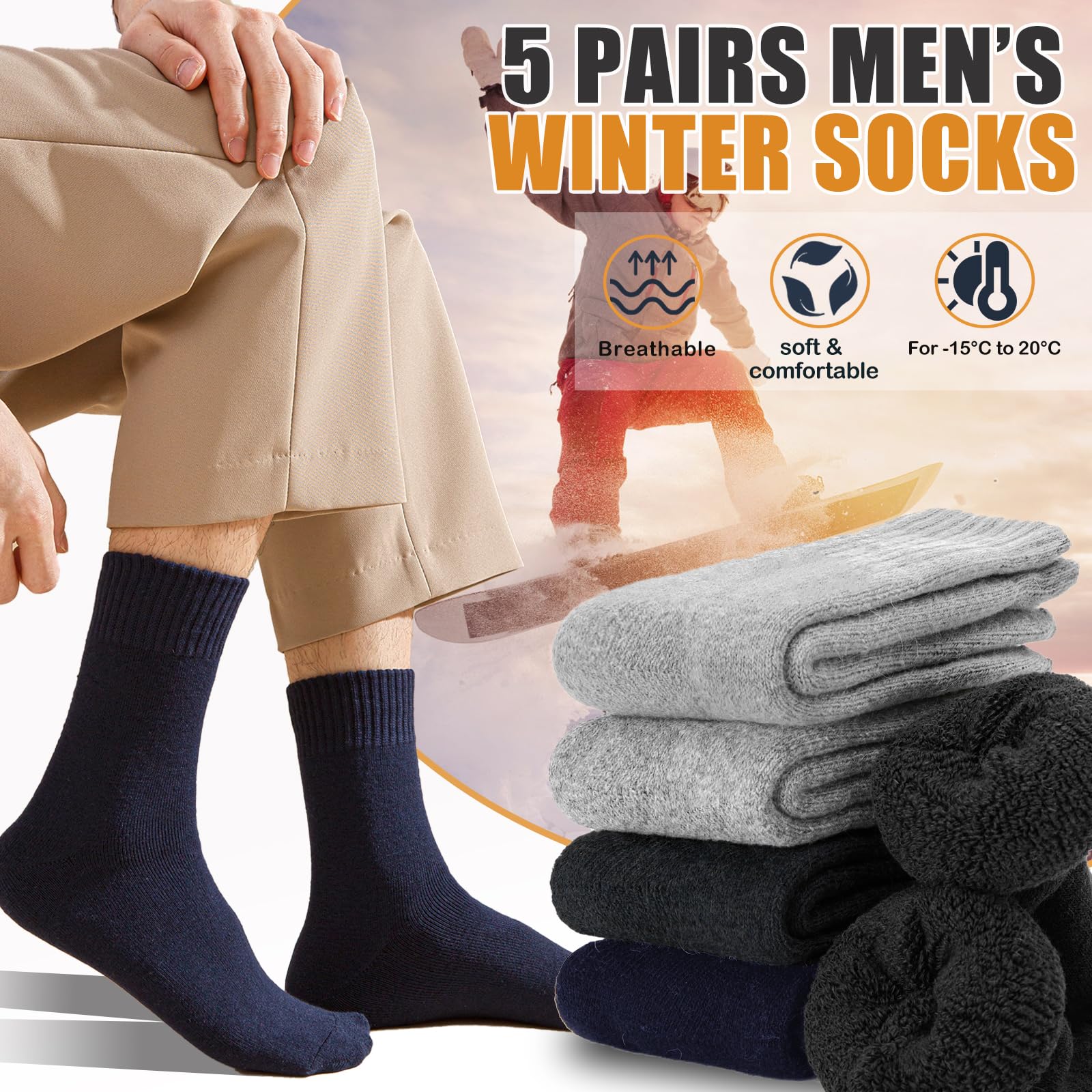 Hocerlu Warme Socken Herren, Thermosocken Dicke Wintersocken Frotteesohle WanderSocken WollSocken Geschenke für Herren im Winter 5 Paar - Gemütlich und Atmungsaktiv, EU-Größe 39-45 4
