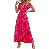 PRETTYGARDEN Women's Boho Floral Maxi Dress Summer Short Sleeve Wrap V Neck Long Flowy Beach Vacation Wedding Guest Dresses