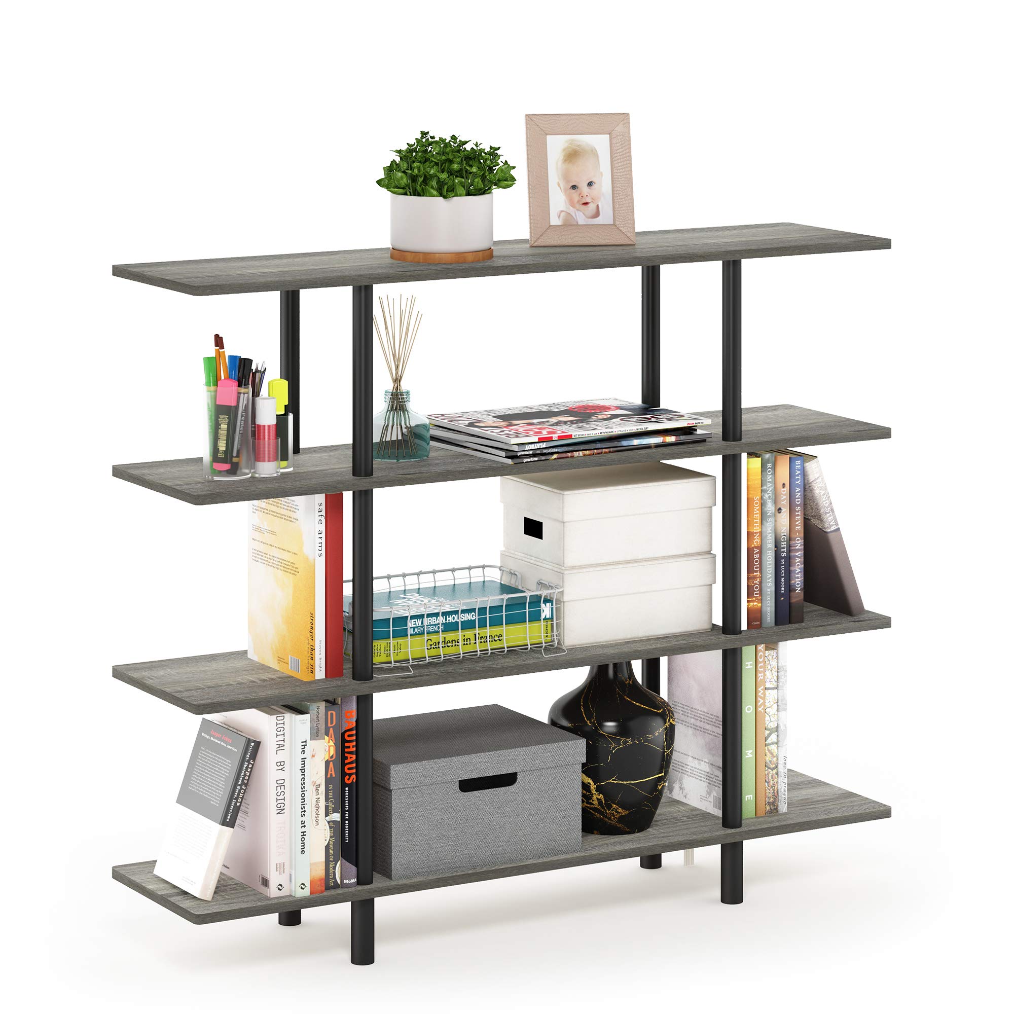 Furinno TURN-N-TUBE Storage Shelves, 4-Tier Book Shelf, Accent Display Shelf, Toolless Open Shelves, Round Tubes, for Organization and Storage, Living Room, Garage, Home Office, French Oak