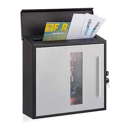 Relaxdays Briefkasten mit Fenster, abschließbar, Schutzklappe, Design Postkasten, HBT: 33 x 35 x 12,5 cm, schwarz-Silber