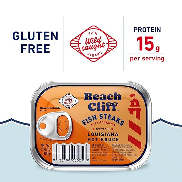 BEACH CLIFF WILD CAUGHT HERRING FISH STEAKS IN LOUISIANA HOT SAUCE, 3.75 OZ CAN – 15G PROTEIN PER SERVING