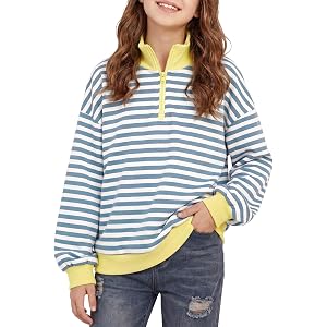 Latnnut Girls Striped Quarter Zip Sweatshirt Cotton Pullover Age 7-18 | 94% cotton with 6% spandex adds soft stretch; striped